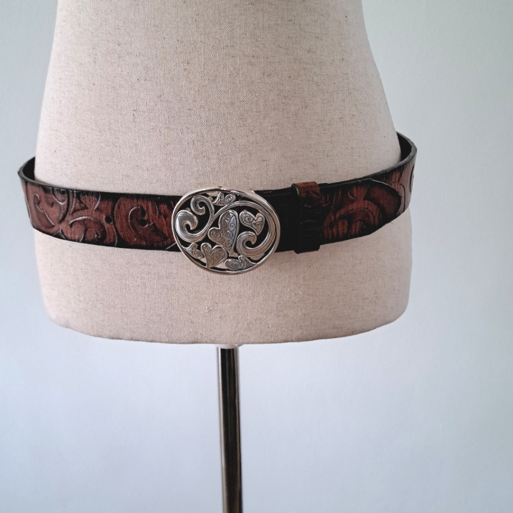 BRIGHTON Women's Love Carnival Brown Leather Belt Silver Buckle Size 34